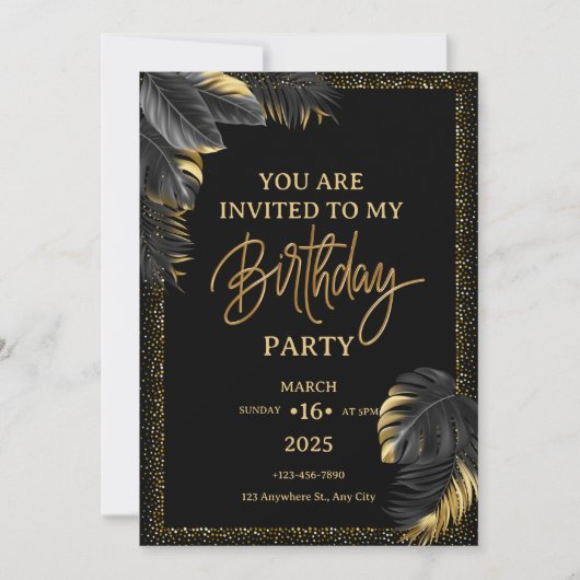 Invitation Black Gold Luxury Tropical Leaf Joyeux anniversair (Devant)