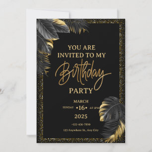 Invitation Black Gold Luxury Tropical Leaf Joyeux anniversair