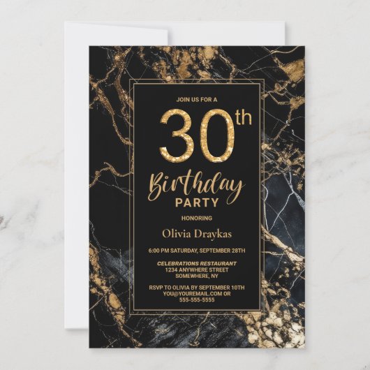 Invitation Black Gold Marble 30e fête d'anniversaire (Devant)
