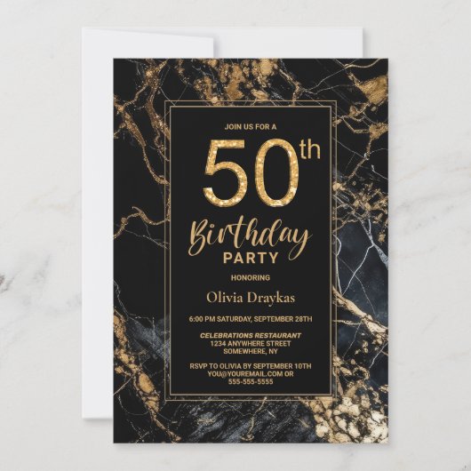 Invitation Black Gold Marble 50e fête d'anniversaire (Devant)