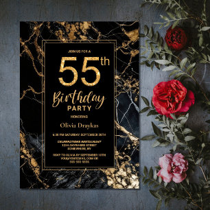 Invitation Black Gold Marble 55e fête d'anniversaire