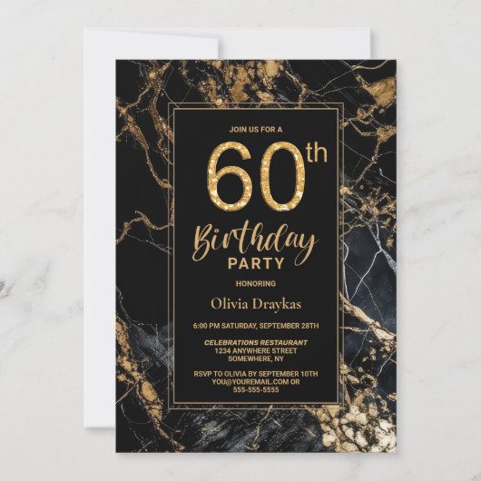 Invitation Black Gold Marble 60e fête d'anniversaire (Devant)