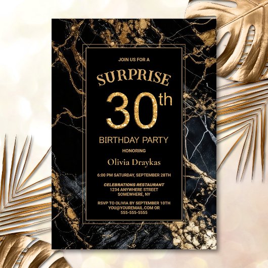 Invitation Black Gold Marble Surprise 30e fête d'anniversaire