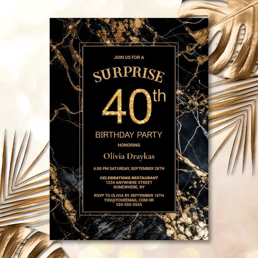 Invitation Black Gold Marble Surprise 40e fête d'anniversaire