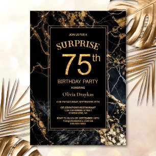 Invitation Black Gold Marble Surprise 75e fête d'anniversaire