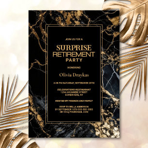 Invitation Black Gold Marble Surprise Retraite Party