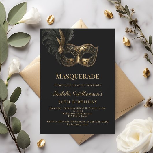 Invitation Black gold Masquerade birthday party