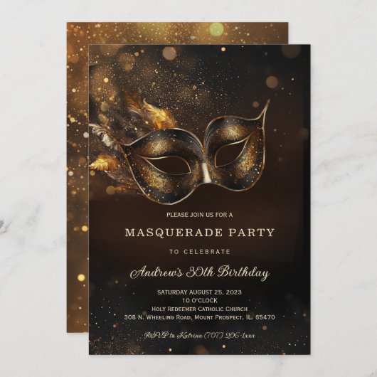 Invitation Black Gold Masquerade fête d'anniversaire (Devant / Derrière)