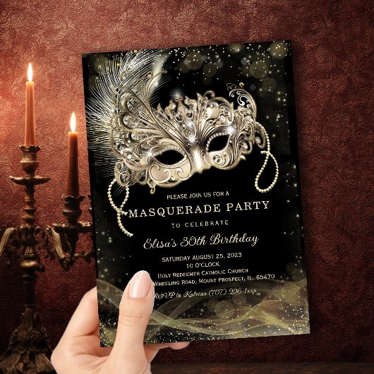 Invitation Black Gold Masquerade fête d'anniversaire