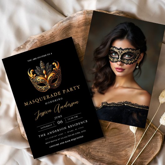 Invitation Black Gold Masquerade Party Anniversaire Photo