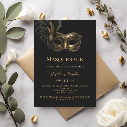 Invitation Black gold Masquerade party Sweet 16