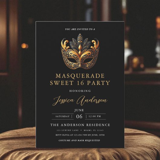 Invitation Black Gold Masquerade Sweet 16 Birthday Party