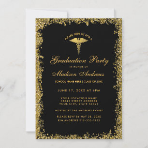 Invitation Black Gold Médicale Graduation Party