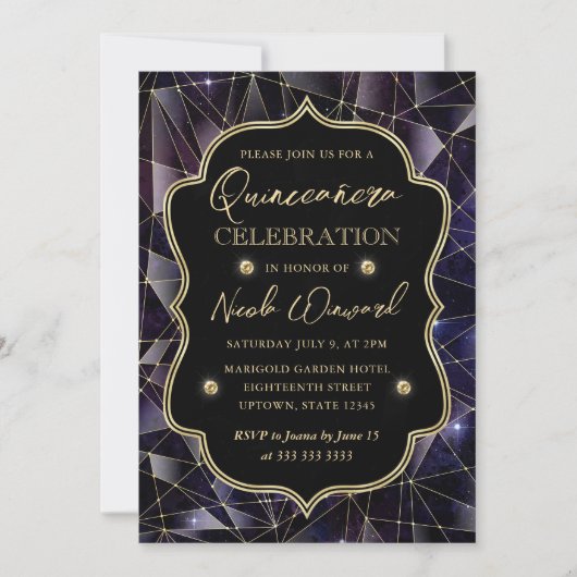 Invitation Black & Gold Midnight Crystal Galaxy Quinceanera (Devant)