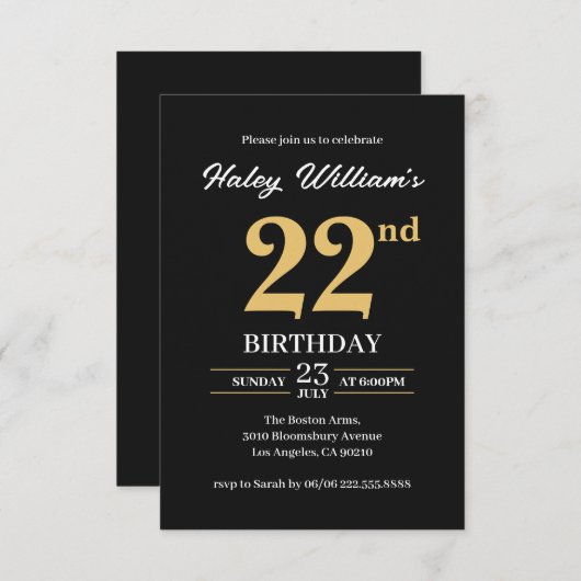 Invitation Black Gold Minimalist Moderne Simple 22e anniversa (Devant / Derrière)