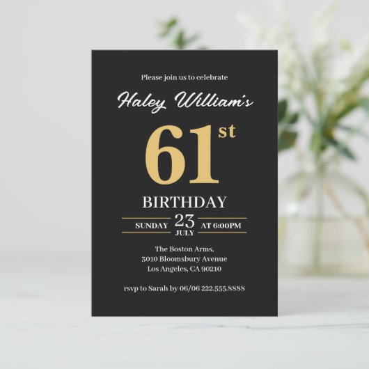 Invitation Black Gold Minimalist Moderne Simple 61e anniversa (Debout devant)