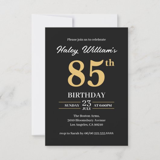 Invitation Black Gold Minimalist Moderne Simple 85e anniversa (Devant)