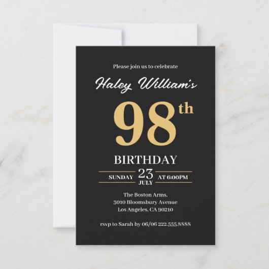 Invitation Black Gold Minimalist Moderne Simple 98e anniversa (Devant)