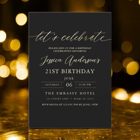 Invitation Black Gold minimaliste 21e anniversaire