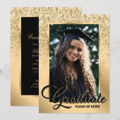 Invitation Black Gold Modern 2 Photo Graduation Party (Devant / Derrière)