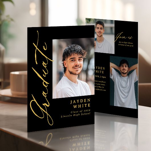 Invitation Black Gold Modern Calligraphy Photo Graduation