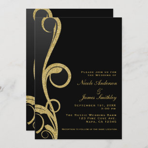 Invitation Black & Gold Modern Glam Élégant Mariage à spirale