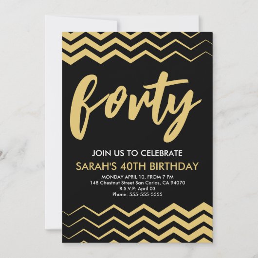 Invitation Black Gold Modern Minimalist 40th Birthday Party (Devant)