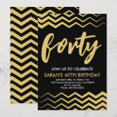 Invitation Black Gold Modern Minimalist 40th Birthday Party (Devant / Derrière)
