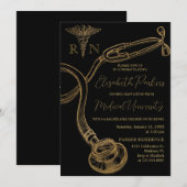 Invitation Black Gold Modern Nursing School Graduation Party (Devant / Derrière)