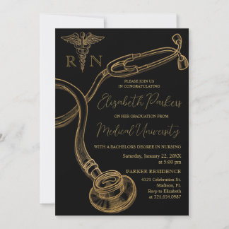 Invitation Black Gold Modern Nursing School Graduation Party