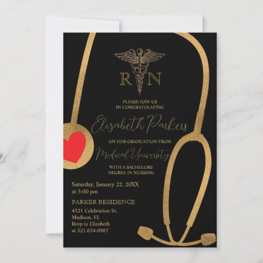 Invitation Black Gold Modern Nursing School Graduation Party (Devant)