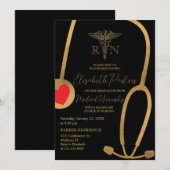 Invitation Black Gold Modern Nursing School Graduation Party (Devant / Derrière)