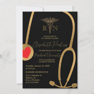 Invitation Black Gold Modern Nursing School Graduation Party
