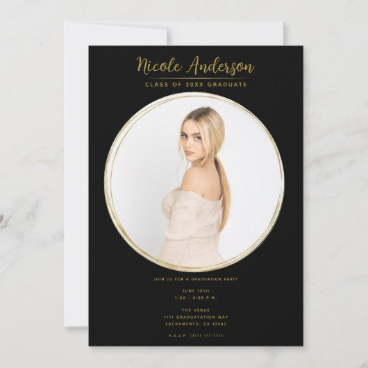 Invitation Black & Gold Modern Round Photo Party Graduation (Devant)