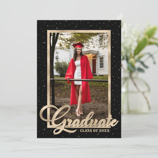 Invitation Black Gold Modern Script Photo Graduation Party (Debout devant)