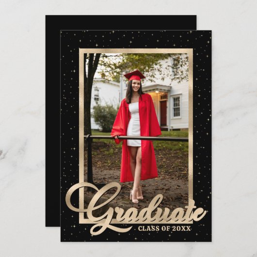 Invitation Black Gold Modern Script Photo Graduation Party (Devant / Derrière)