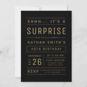 Invitation Black Gold Modern Typographie Surprise Anniversair