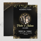 Invitation Black Gold Modern Wedding Party (Devant / Derrière)