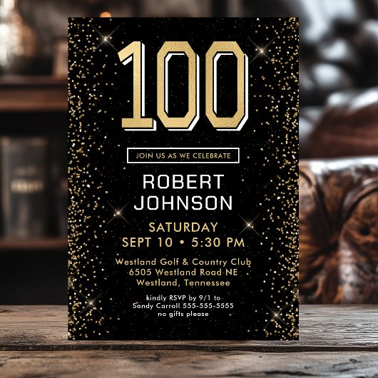 Invitation Black Gold moderne 100e anniversaire Surprise Part