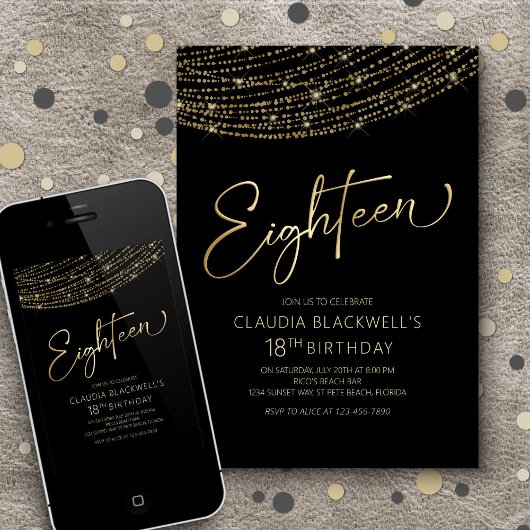 Invitation Black Gold moderne 18e anniversaire