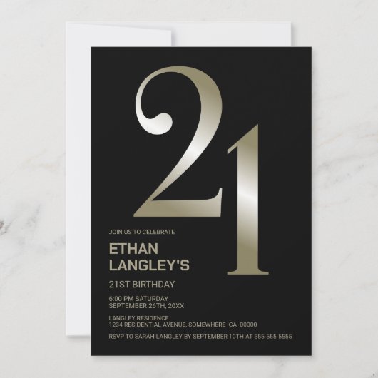 Invitation Black Gold moderne 21e fête d'anniversaire (Devant)