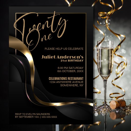 Invitation Black Gold moderne 21e fête d'anniversaire