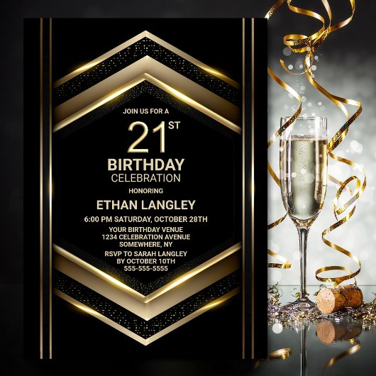 Invitation Black Gold moderne 21e fête d'anniversaire