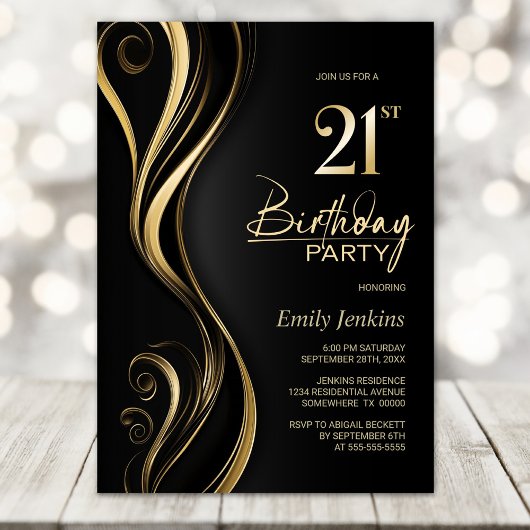 Invitation Black Gold moderne 21e fête d'anniversaire