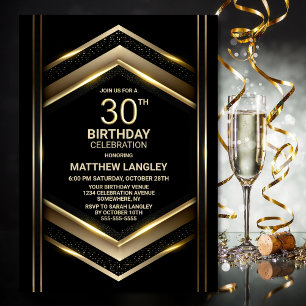 Invitation Black Gold moderne 30e fête d'anniversaire