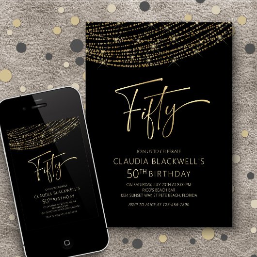 Invitation Black Gold moderne 50e anniversaire
