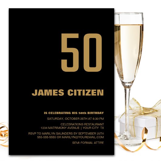 Invitation Black Gold moderne 50e fête d'anniversaire