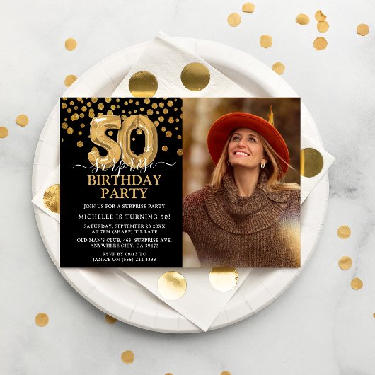 Invitation Black & Gold moderne 50e photo d'anniversaire surp