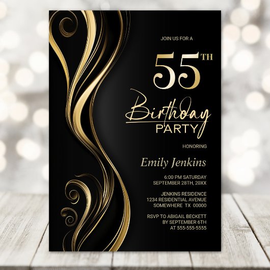 Invitation Black Gold moderne 55e fête d'anniversaire
