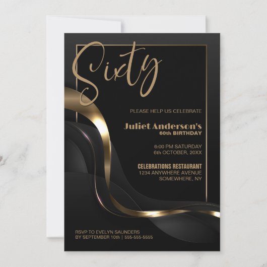 Invitation Black Gold moderne 60e fête d'anniversaire (Devant)